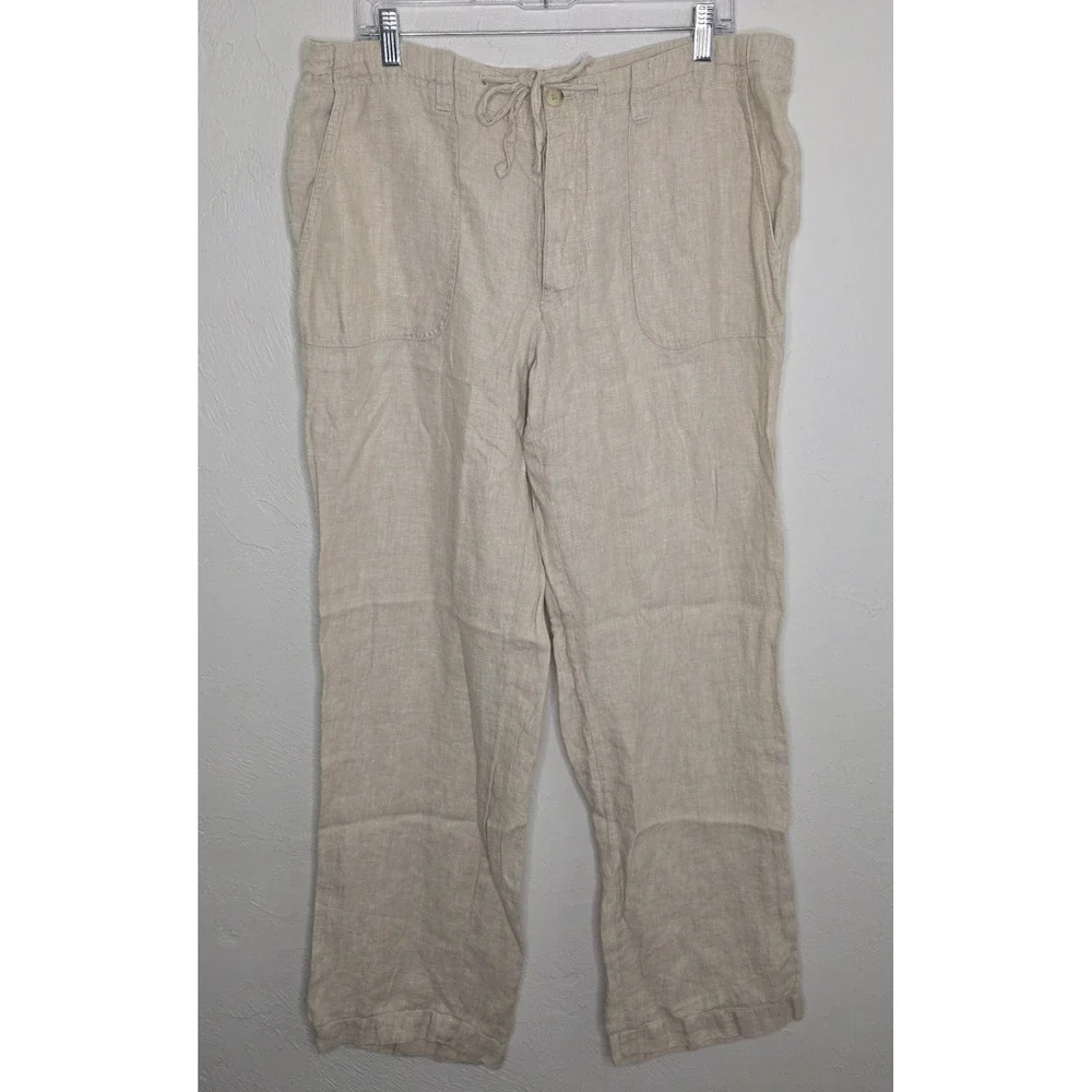 Perry Ellis Men' s 100% Linen Drawstring Trousers Pants Size 36×31.5 Tan Beige